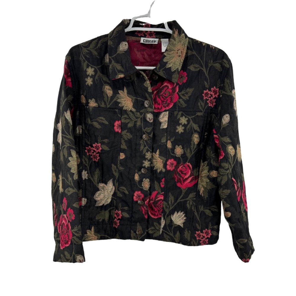 Chico’s Designs dark floral roses tapestry shirt jacket shacket button up M